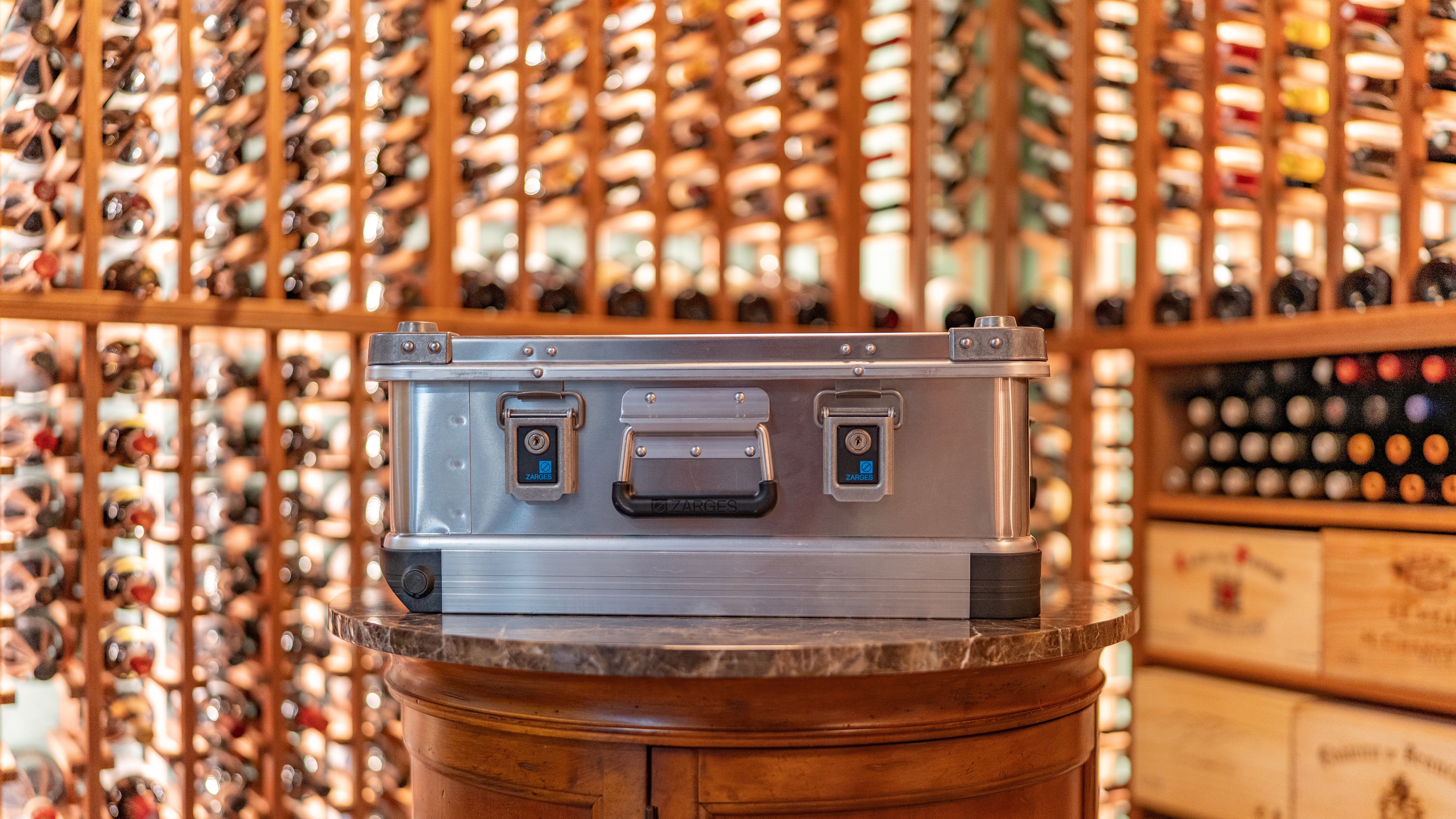 Wine case sitting inside a wine cellar