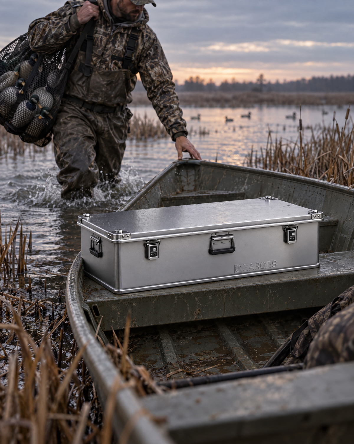 ZARGES K470-31011136 rifle case in a jon boat at a marsh