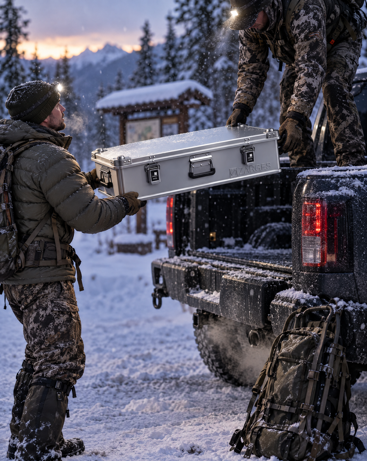 ZARGES K470-31015732 rifle case loaded at a snowy trailhead