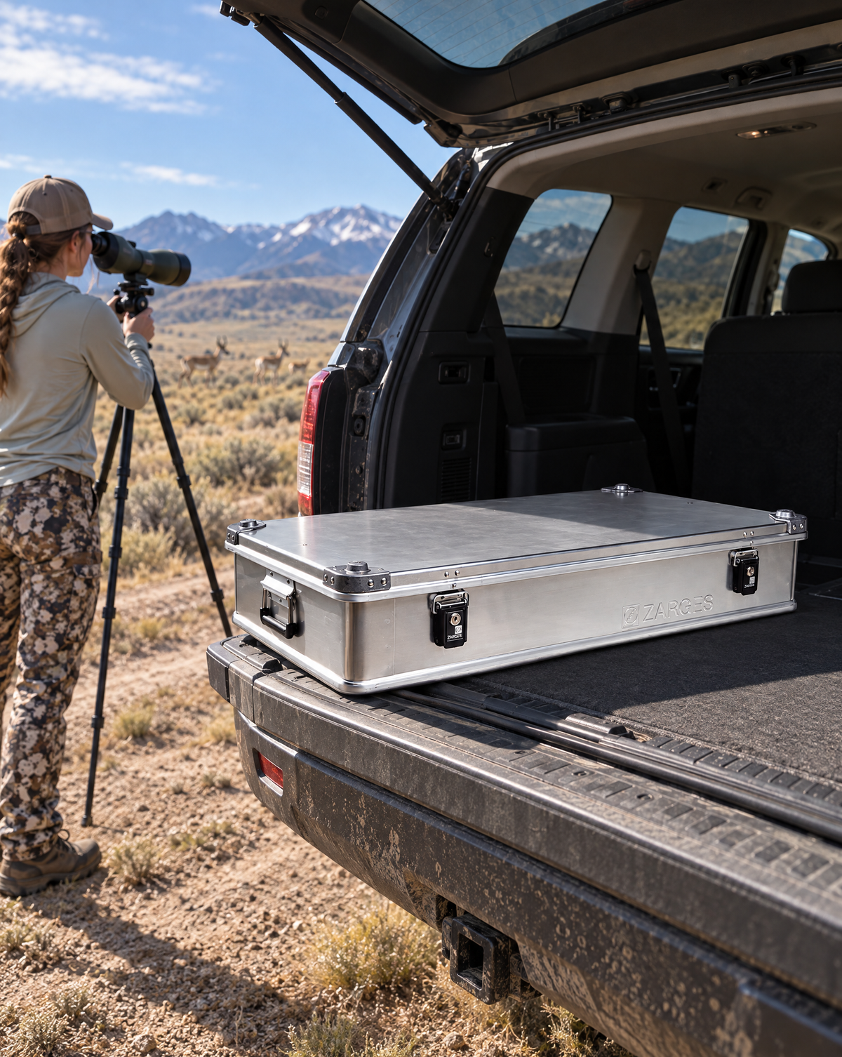 ZARGES K470-380031 rifle case in an SUV hatch in pronghorn country
