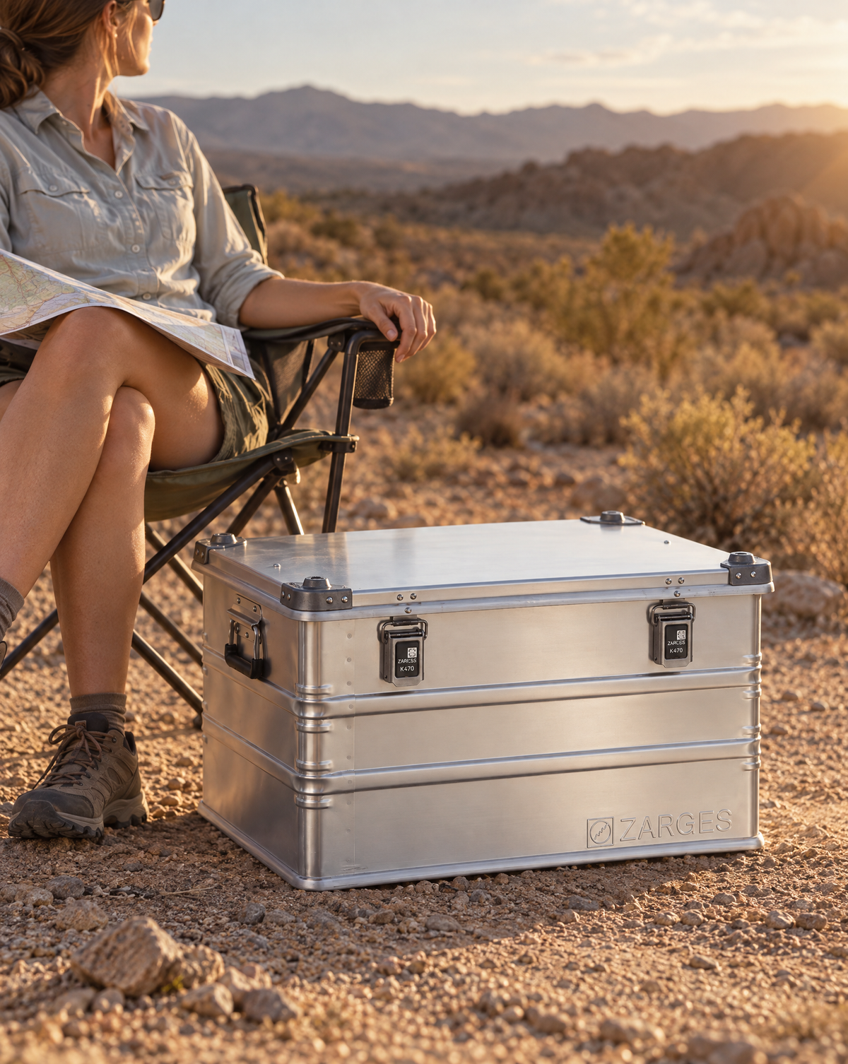 ZARGES K470-40841 aluminum case at a desert campsite