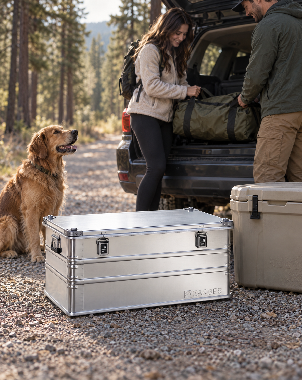 ZARGES K470-40845 aluminum case beside an SUV on a forest road