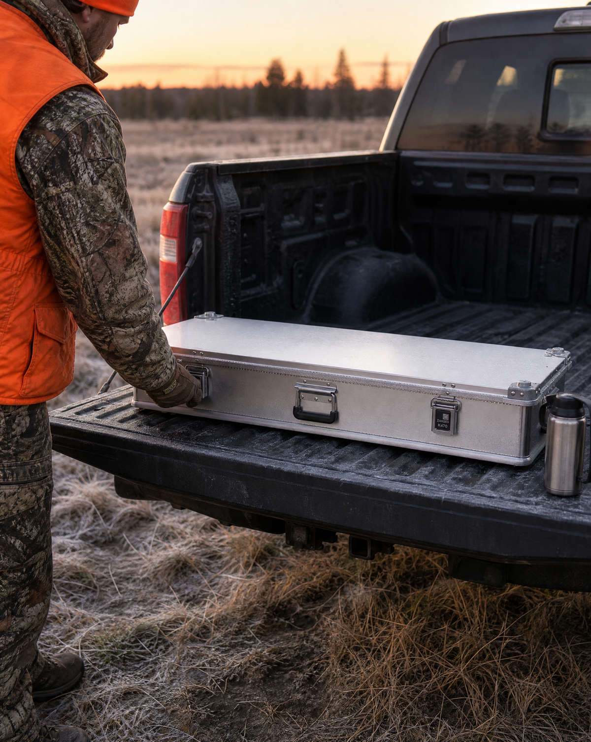 ZARGES K470-40847 rifle case on a pickup tailgate at dawn
