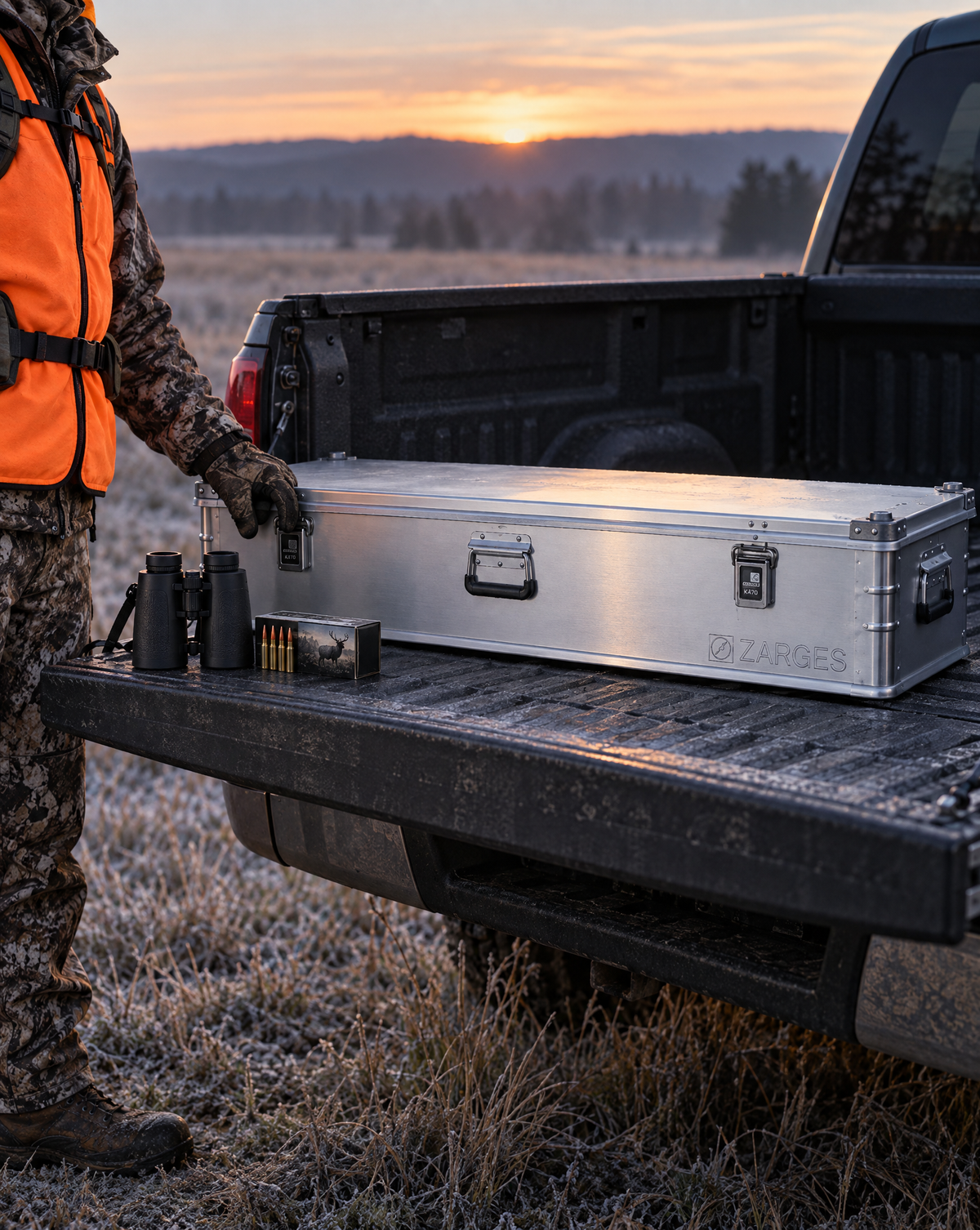 ZARGES K470-40848 rifle case on a pickup tailgate at dawn