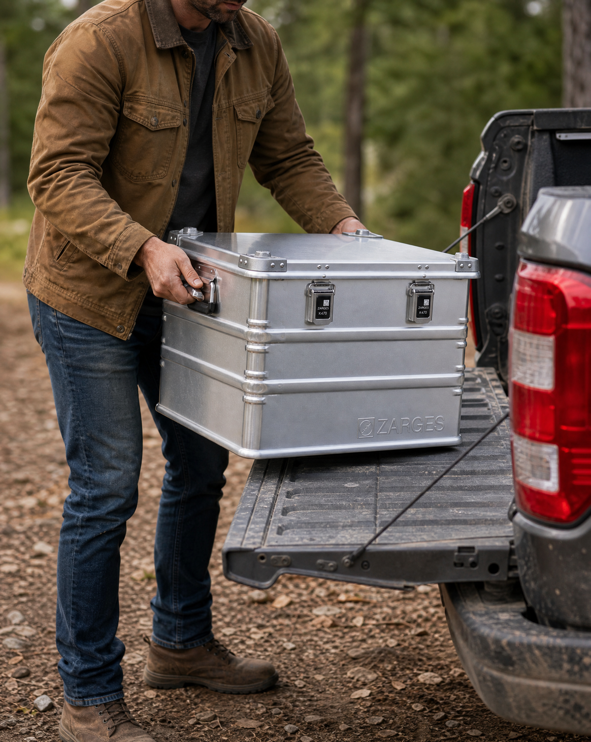ZARGES K470-40859 aluminum case lifted from a pickup tailgate