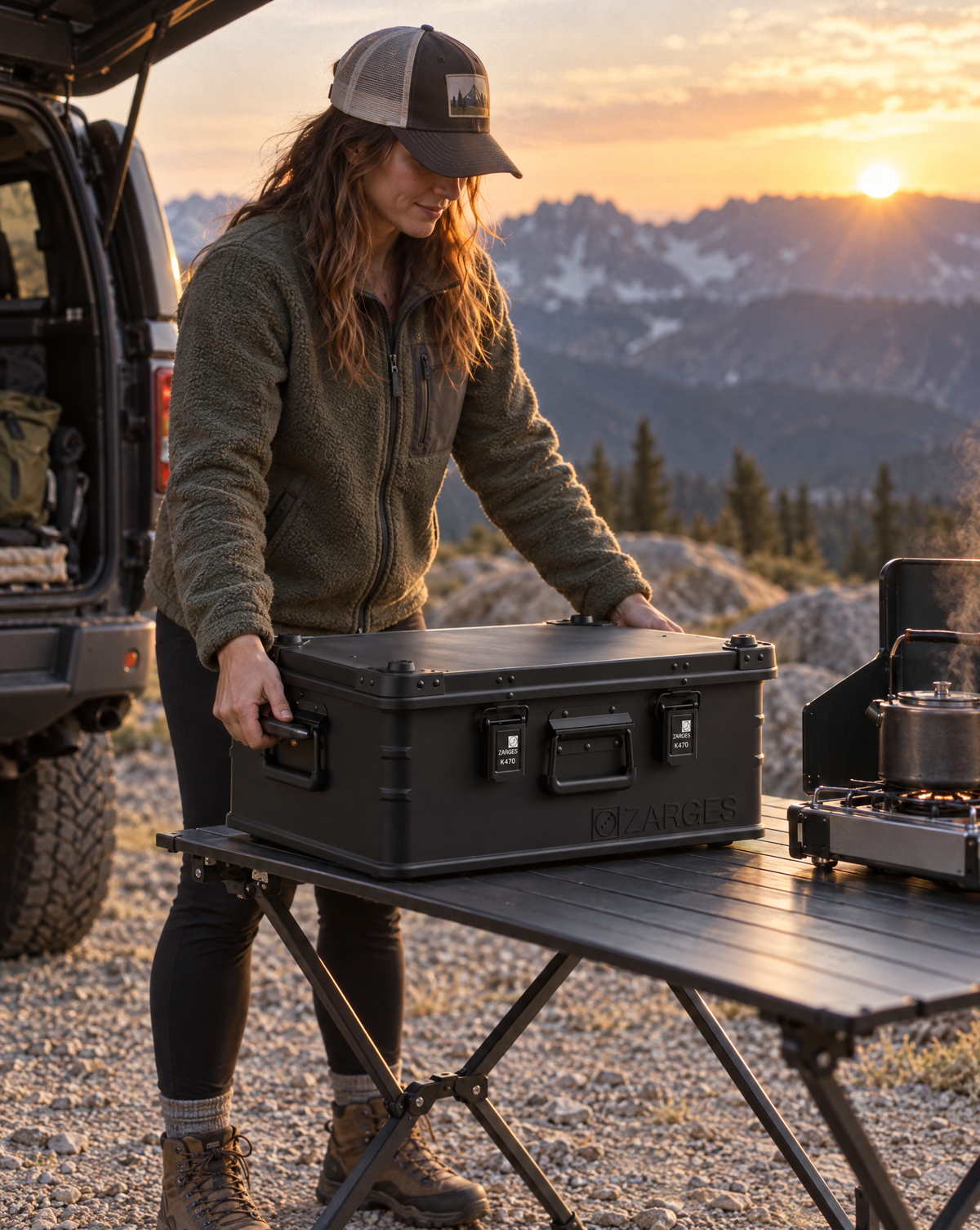 ZARGES K470 Matte Black 31013204 case set on a camp table beside a 4x4 at a mountain pass