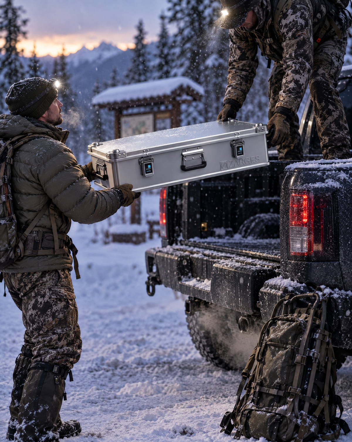 ZARGES K470 31015732 case loaded into a truck at a snowy trailhead