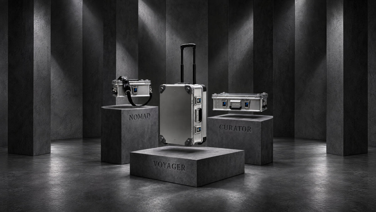 NOMAD, VOYAGER and CURATOR card collector cases on engraved stone plinths