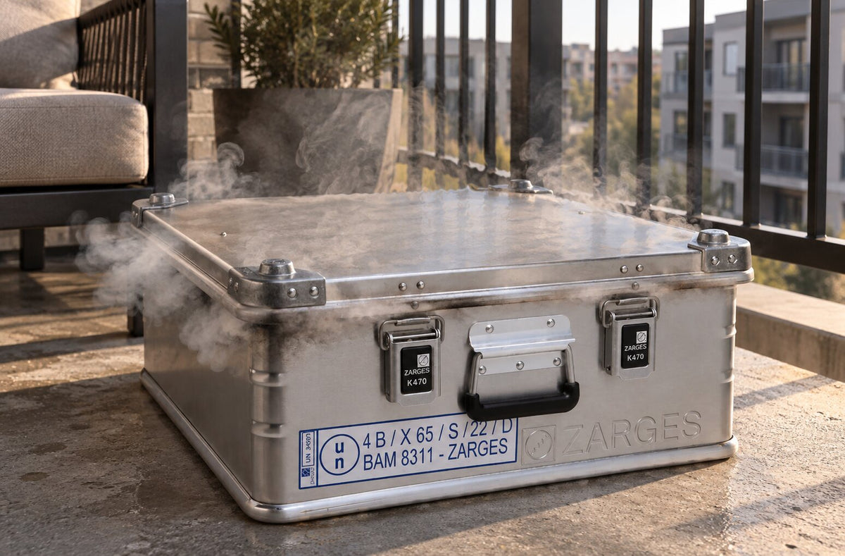 Illustration: a ZARGES aluminum case on an apartment balcony after a battery fire
