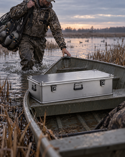 ZARGES K470-31011136 rifle case in a jon boat at a marsh