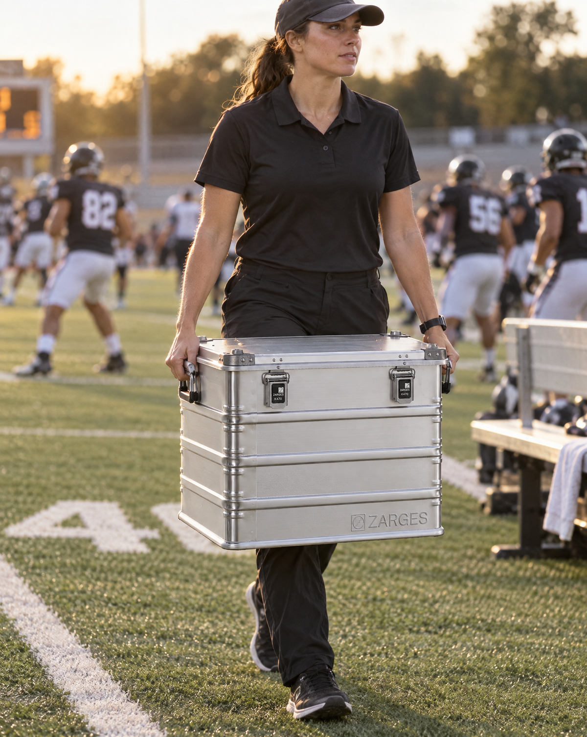 ZARGES K470-40839 case carried along a football sideline by an athletic trainer