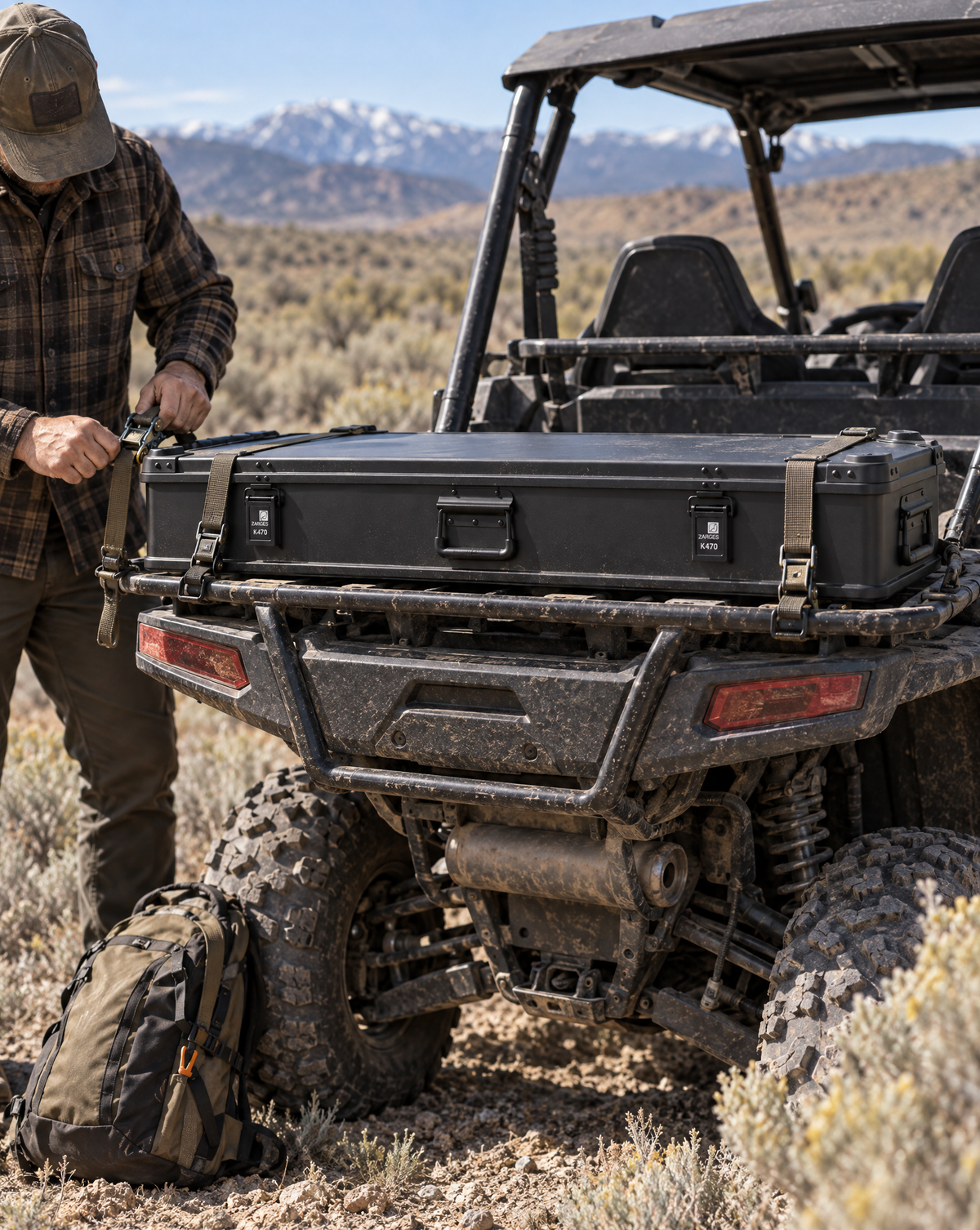 ZARGES K470 Matte Black 31016053 rifle case strapped to a side-by-side