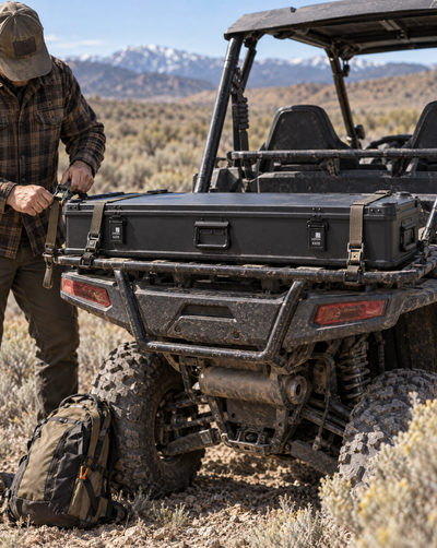 ZARGES K470 Matte Black 31016053 rifle case strapped to a side-by-side