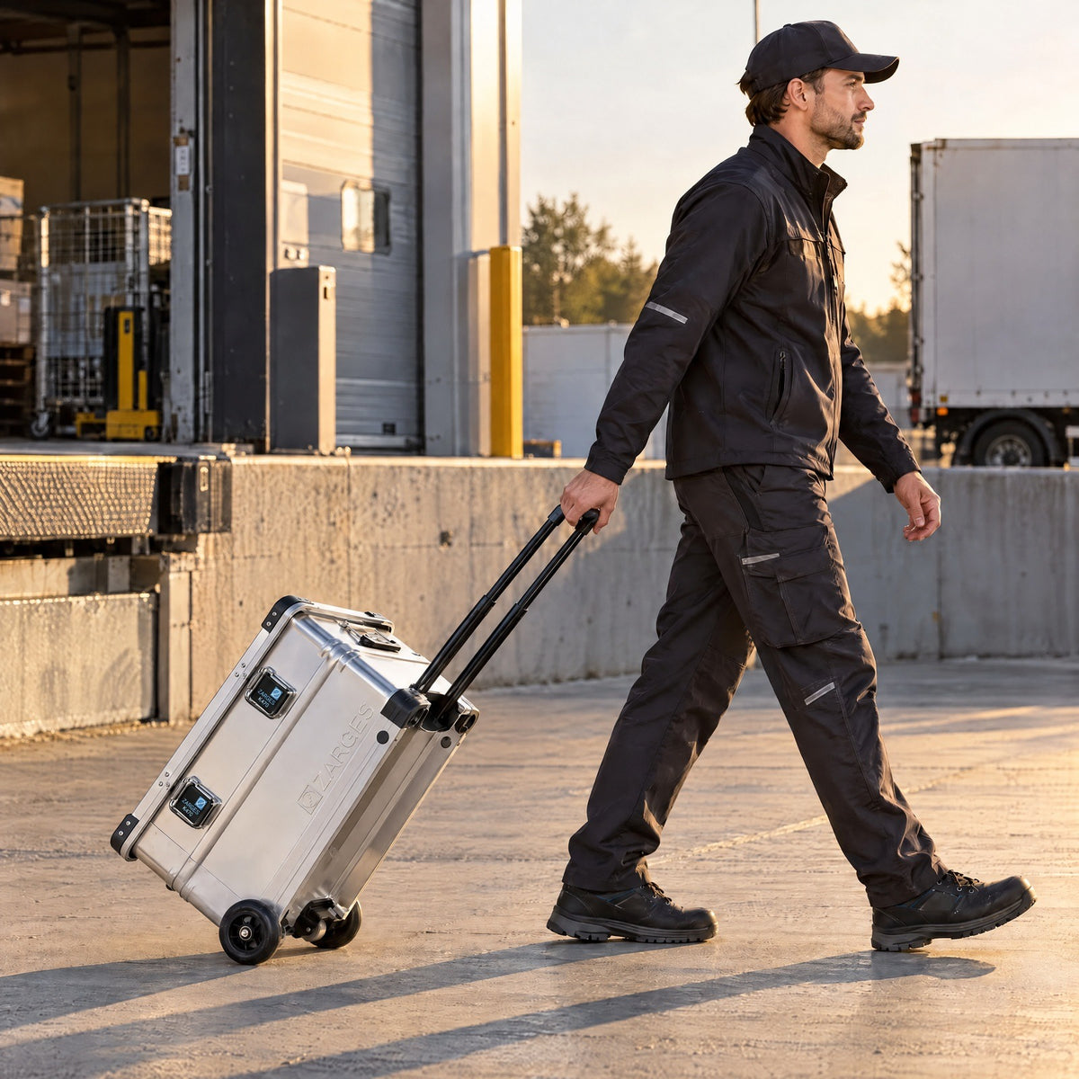 ZARGES case on 5 inch wheels being pulled across a loading dock