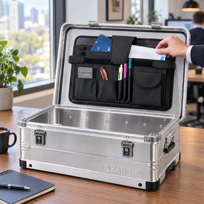 ZARGES case with the attache document insert open on a desk