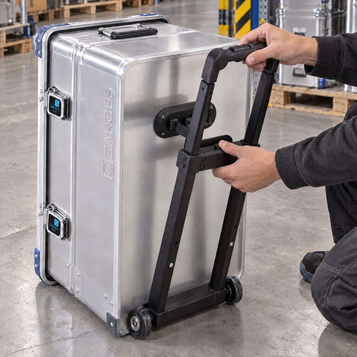 ZARGES extra trolley fitting being attached to a case