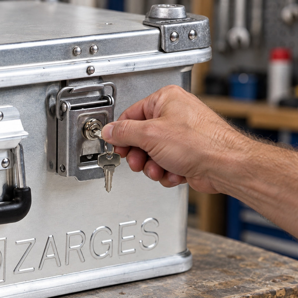Hand locking a ZARGES case with the 40832 lock and key set