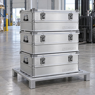 ZARGES cases stacked on an aluminium pallet in a warehouse