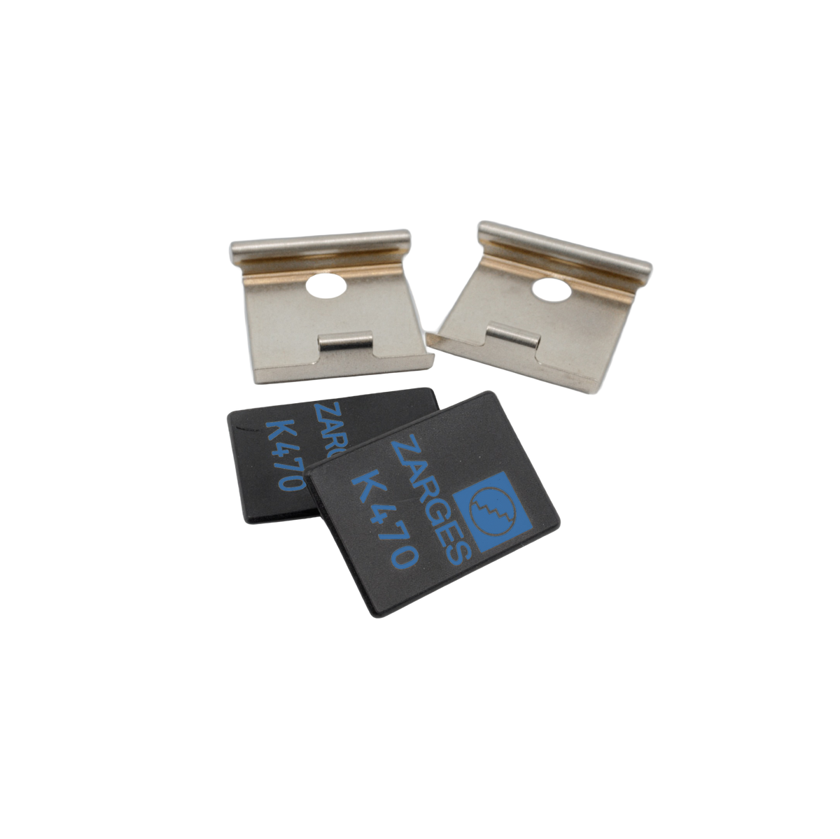ZARGES spring latch set (40834): two catch springs and two cover clips, transparent cutout
